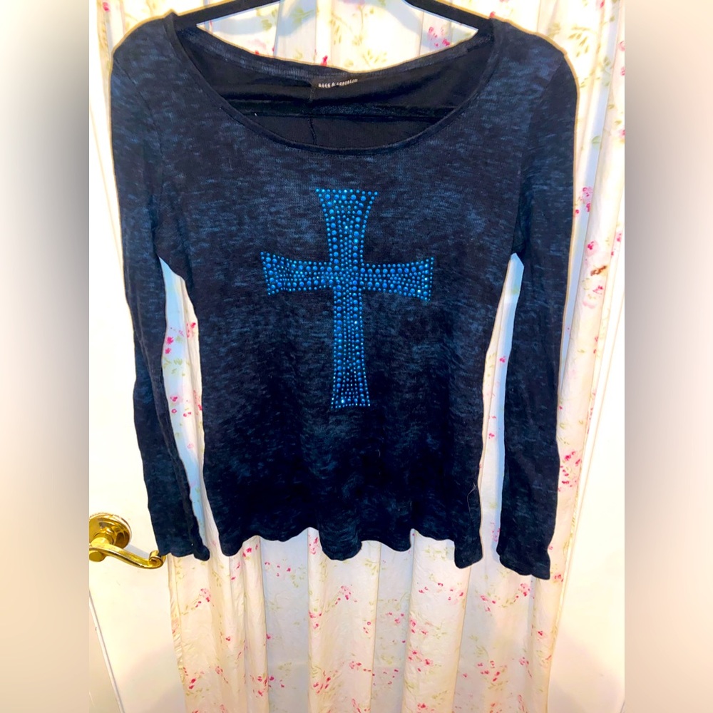 ROCK & REPUBLIC BLUE/BLACK LONG SLEEVE TOP - Small - Like New